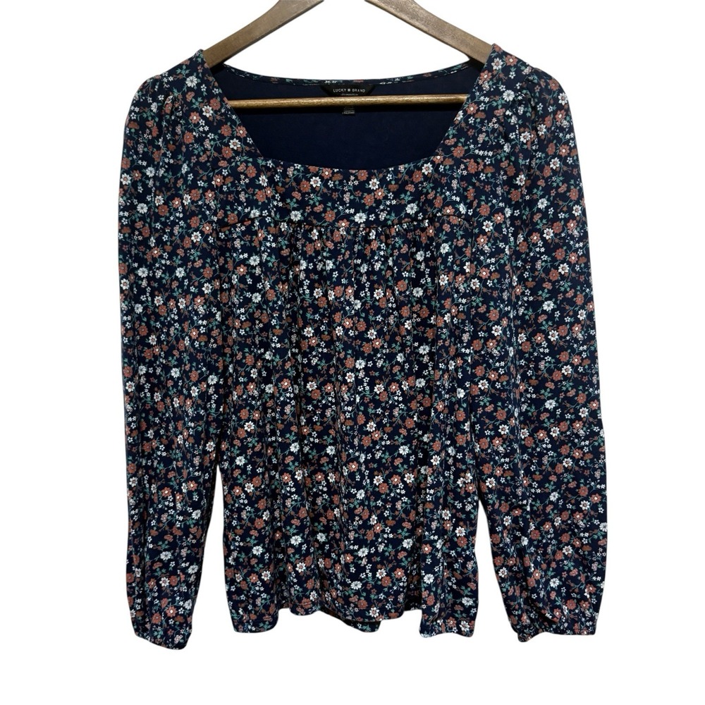 Lucky Brand Top Womens M Blue Ditzy Floral Boho Balloon Sleeve Cotton Knit Tee